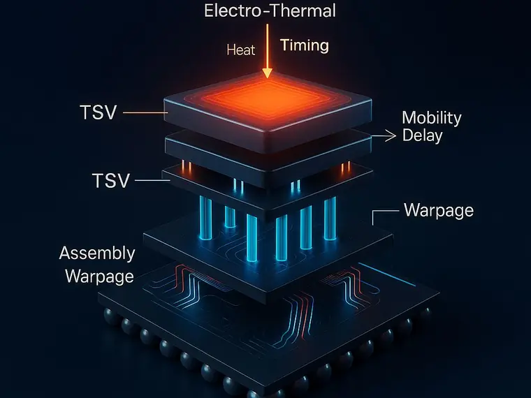 Diagram of a 3D IC stack with through-silicon vias