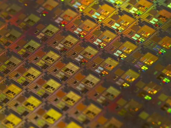 Close-up of dies on a silicon wafer