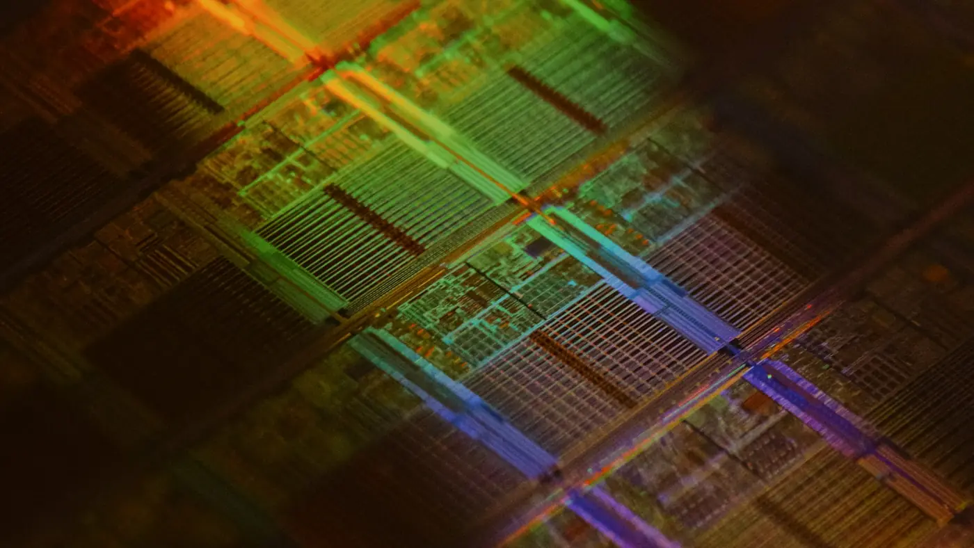 Colourful close-up of a silicon die