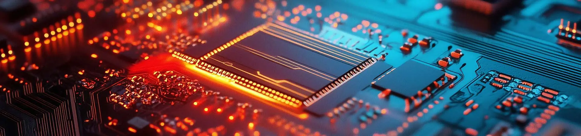 Close-up of a glowing processor on a circuit board